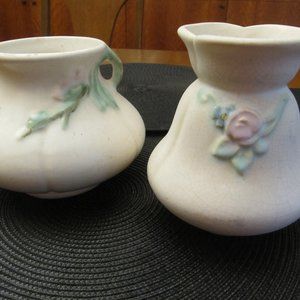 WELLER Floral TWO pieces, small vases with apple blossoms signed Antique
